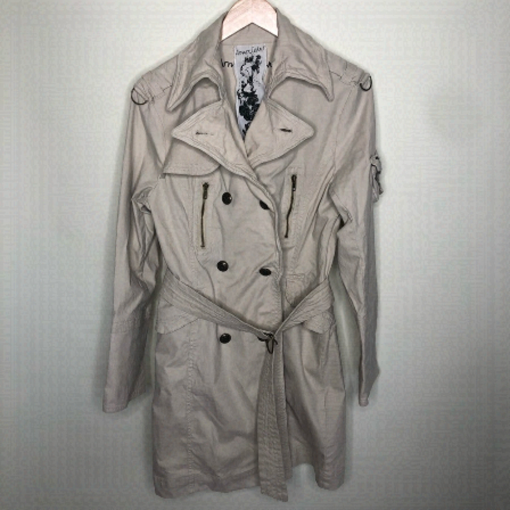 𝅺armorjeans Cream Stretchy Vintage Button Long Military Belt Trench Coat Jacket